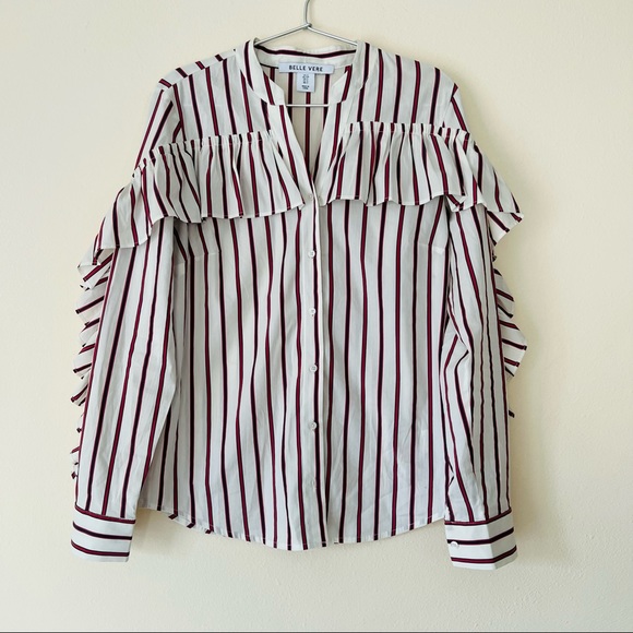 Anthropologie Belle Vere ruffle button down striped shirt top long sleeve - Picture 6 of 8